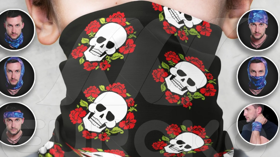 Motivo accattivante con teschi e rose su materiale certificato OEKO-TEX.