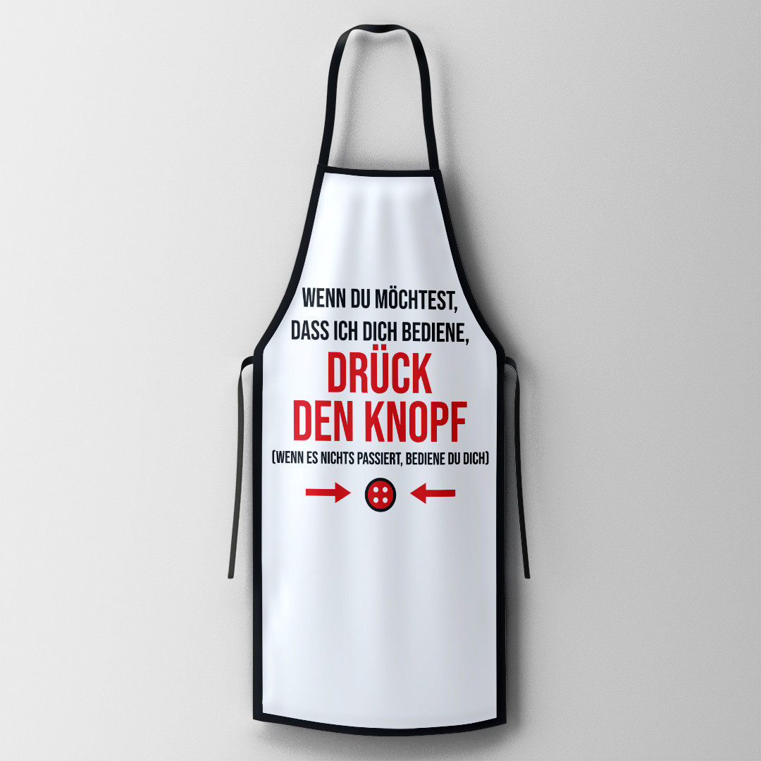 Vordesignte Kochschürze 'Drück den Knopf' 60x90 cm