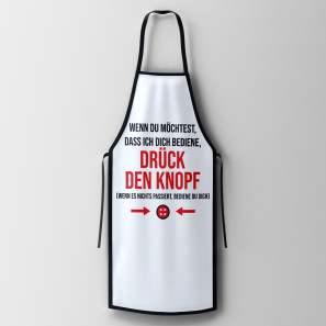 Tablier de cuisine drôle 'Drück den Knopf' préimprimé