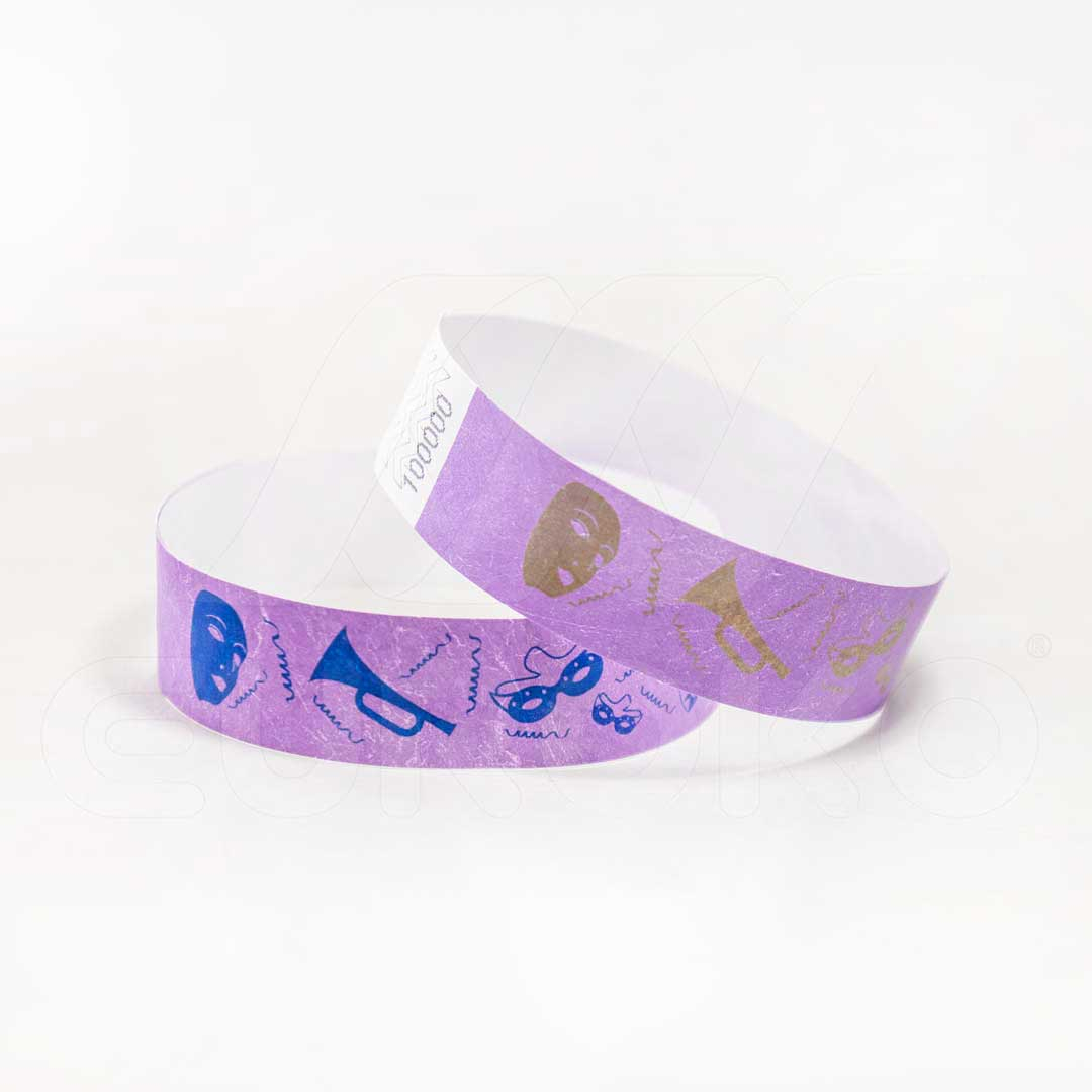 Design carnevalesco esclusivo in viola con stampa blu o oro.